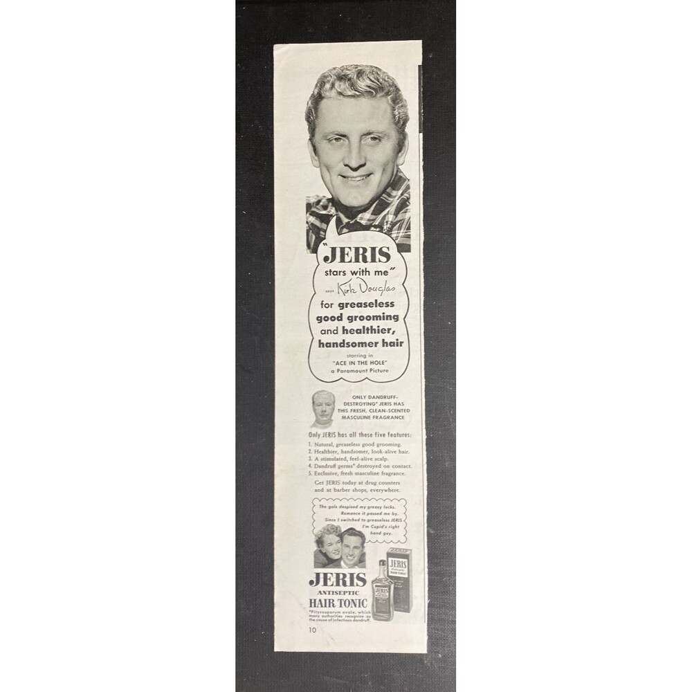 Jeris Antiseptic Hair Tonic KIRK DOUGLAS: "Jeris Stars with Me" Vtg Print Ad '51